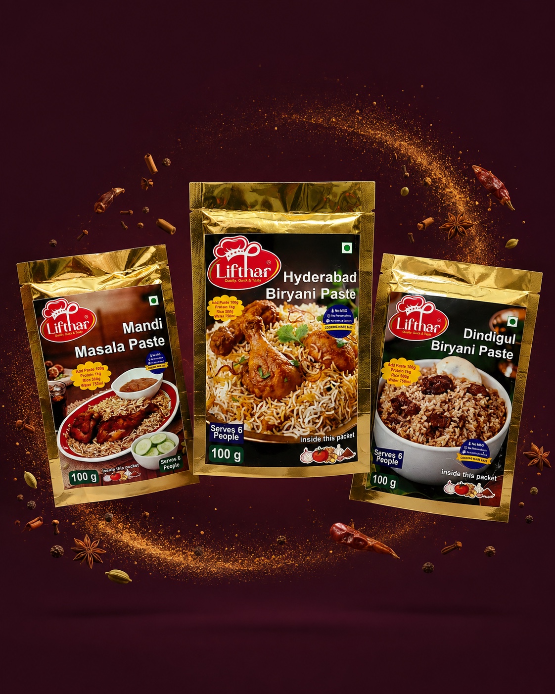 Lifthar Hyderabad Biryani, Mandi Masala and Dindigul Biryani paste pouches floating among warm whole spices